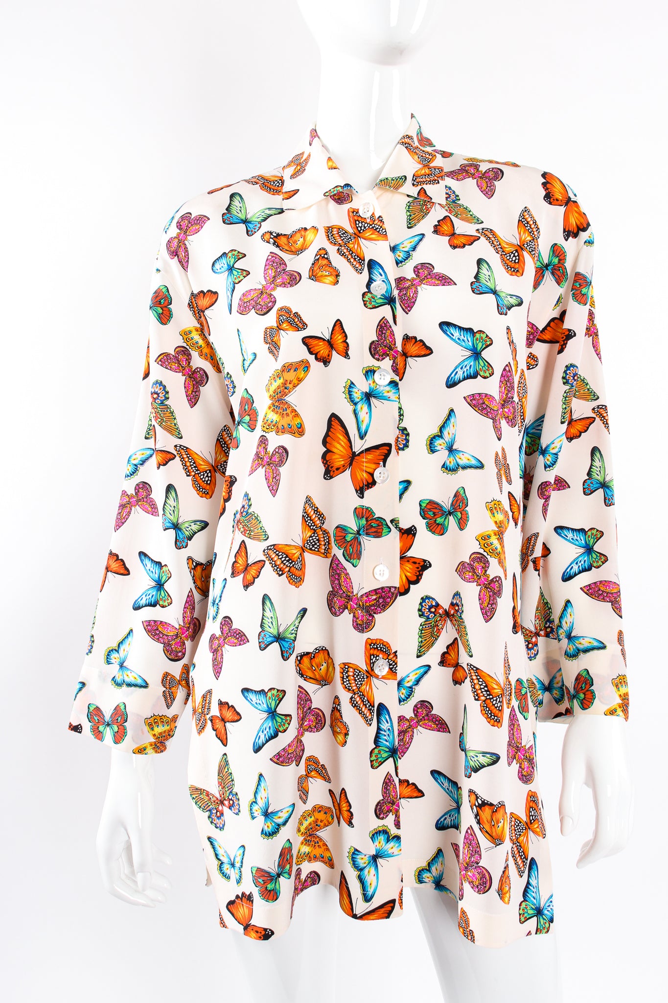 Vintage Escada Rainbow Butterfly Silk Tunic Blouse on Mannequin crop at Recess Los Angeles