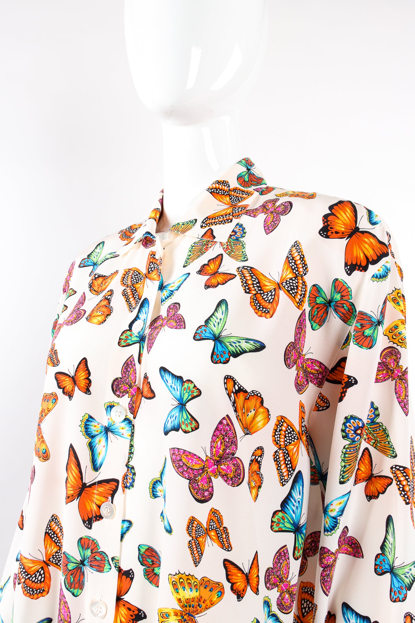 Vintage Escada Rainbow Butterfly Silk Tunic Blouse on Mannequin chest at Recess Los Angeles