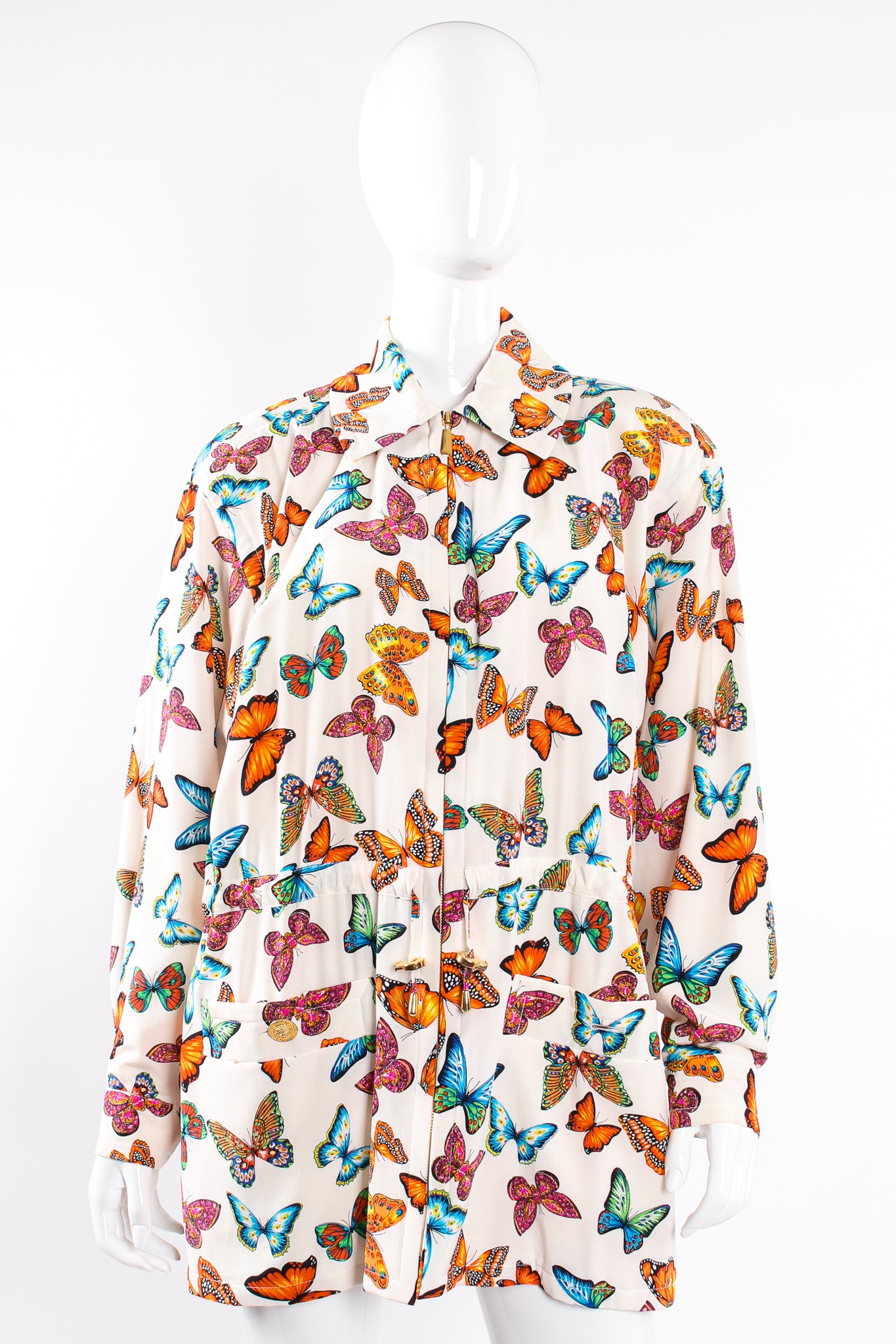 Vintage Escada Silk Butterfly Windbreaker Jacket on Mannequin front at Recess Los Angeles
