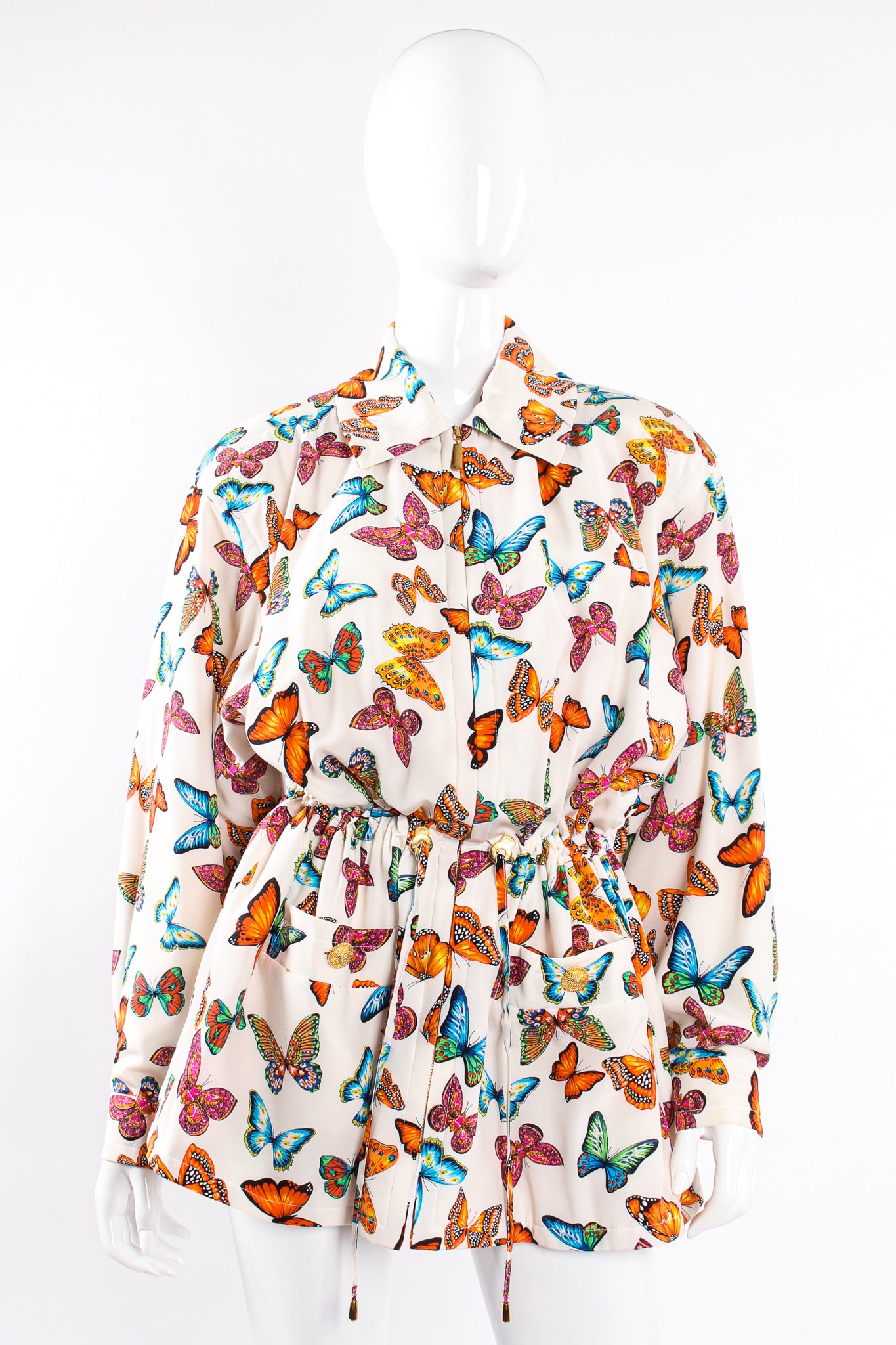 Vintage Escada Silk Butterfly Windbreaker Jacket on Mannequin front cinch at Recess Los Angeles