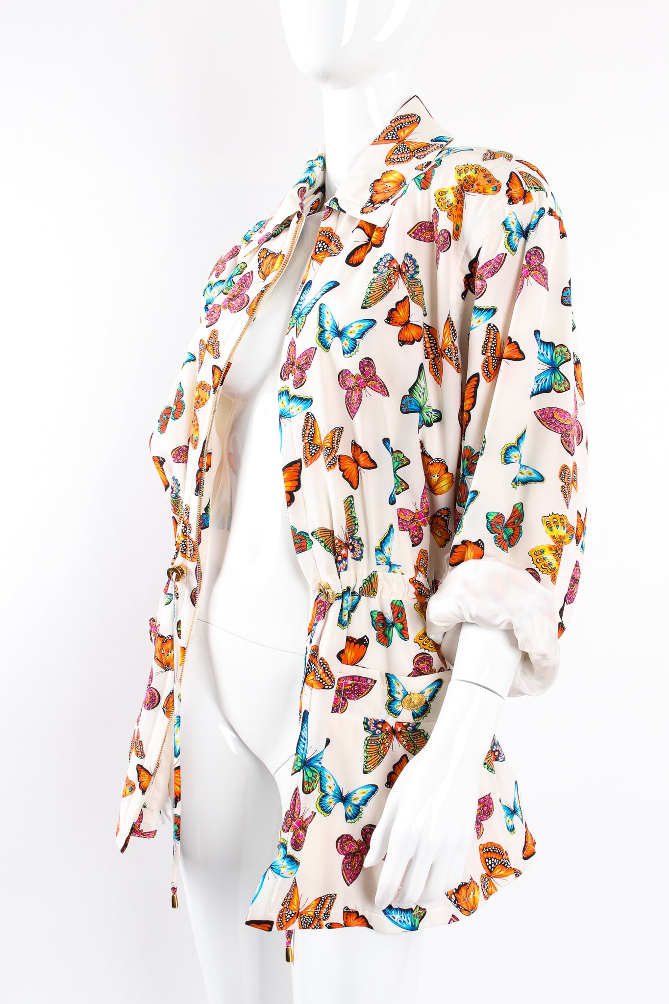 Vintage Escada Silk Butterfly Windbreaker Jacket on Mannequin angle open at Recess Los Angeles