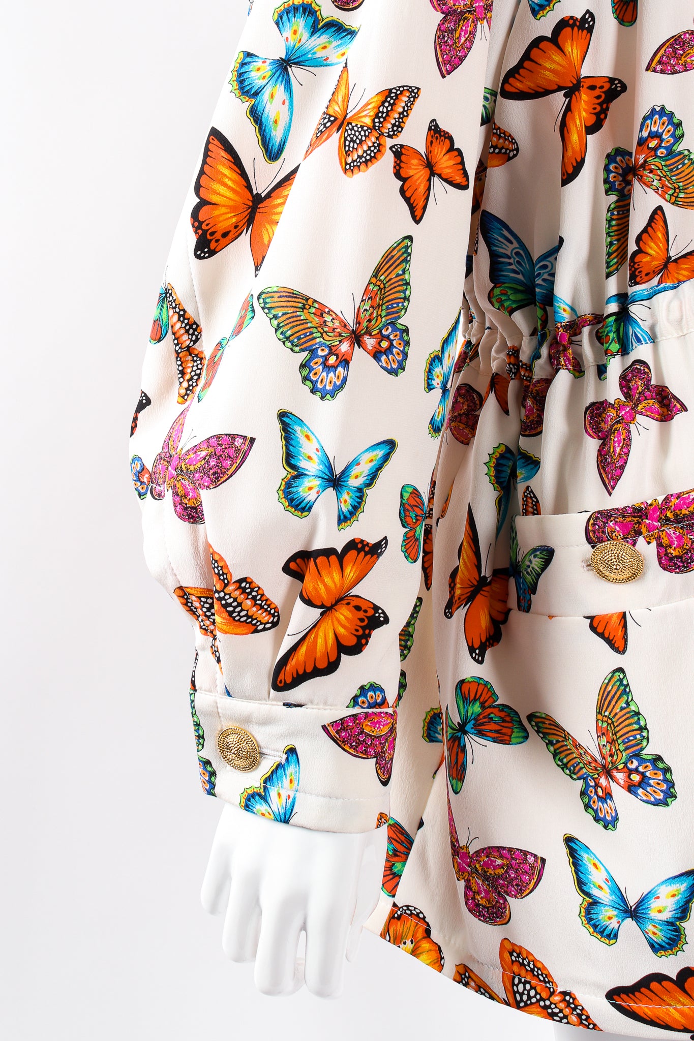 Vintage Escada Silk Butterfly Windbreaker Jacket on Mannequin sleeve at Recess Los Angeles