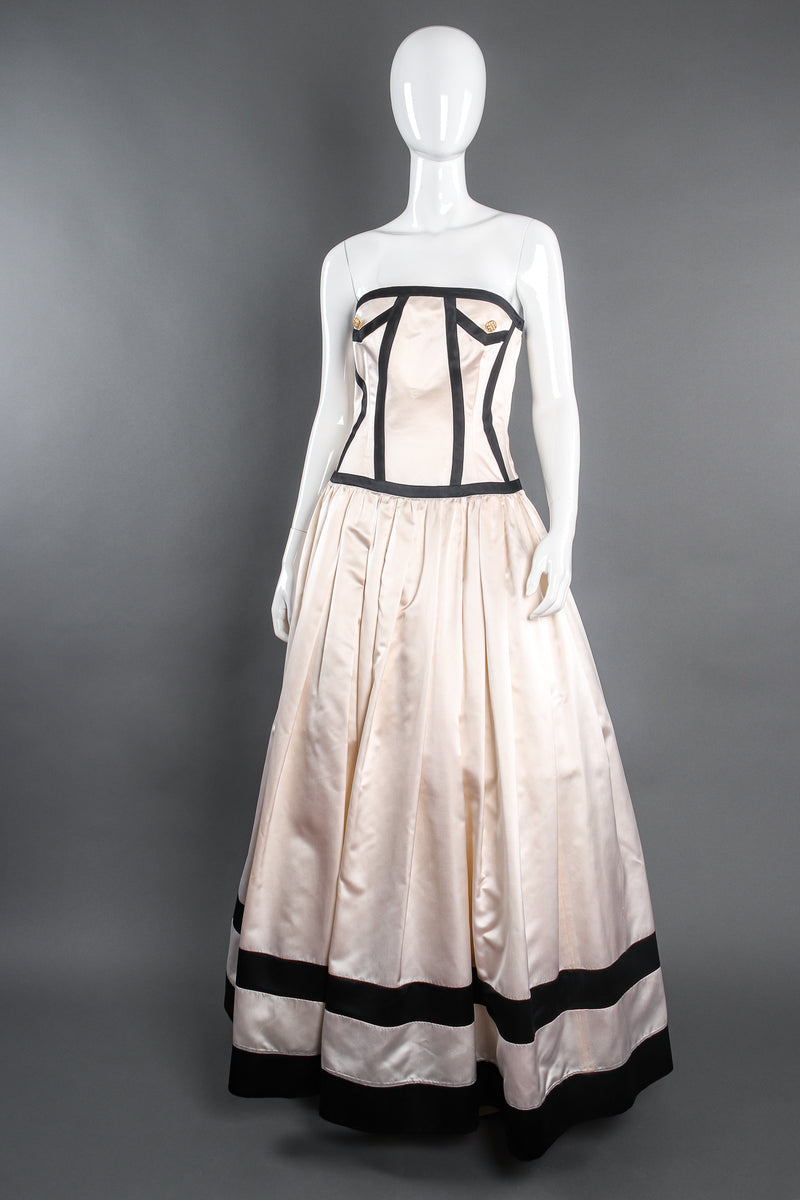 Vintage Escada Contrast Banded Satin Ball Gown on mannequin front at Recess Los Angeles