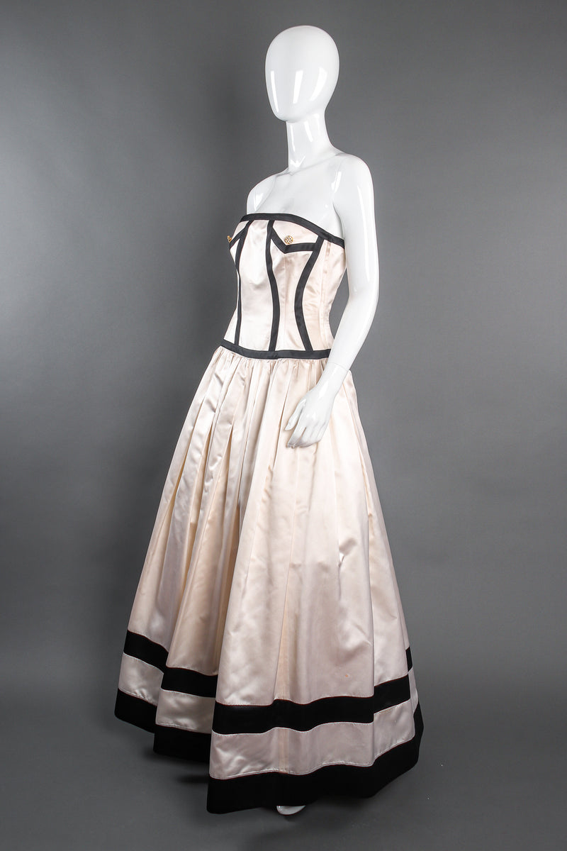 Vintage Escada Contrast Banded Satin Ball Gown on mannequin angle at Recess Los Angeles