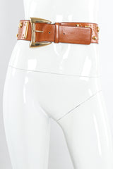 Wide caramel leather belt with mixed gold studs by Escada on mannequin @recessla