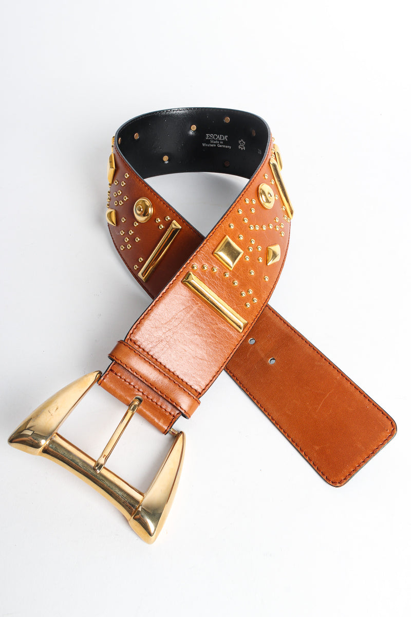 Wide caramel leather belt with mixed gold studs by Escada loop flat lay @recessla