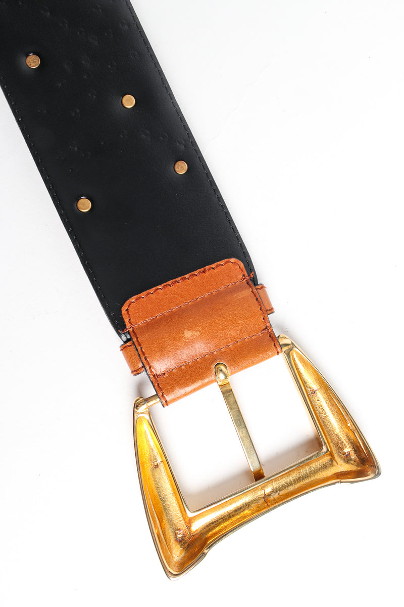 Wide caramel leather belt with mixed gold studs by Escada inside of buckle @recessla