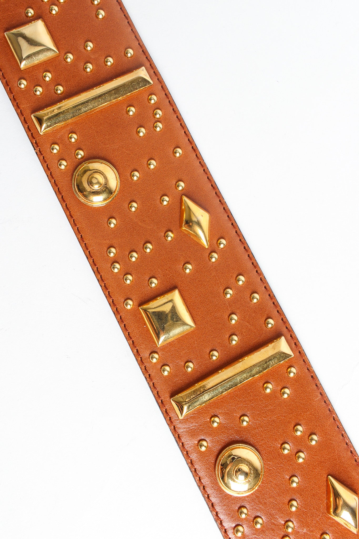 Wide caramel leather belt with mixed gold studs by Escada close up studs @recessla