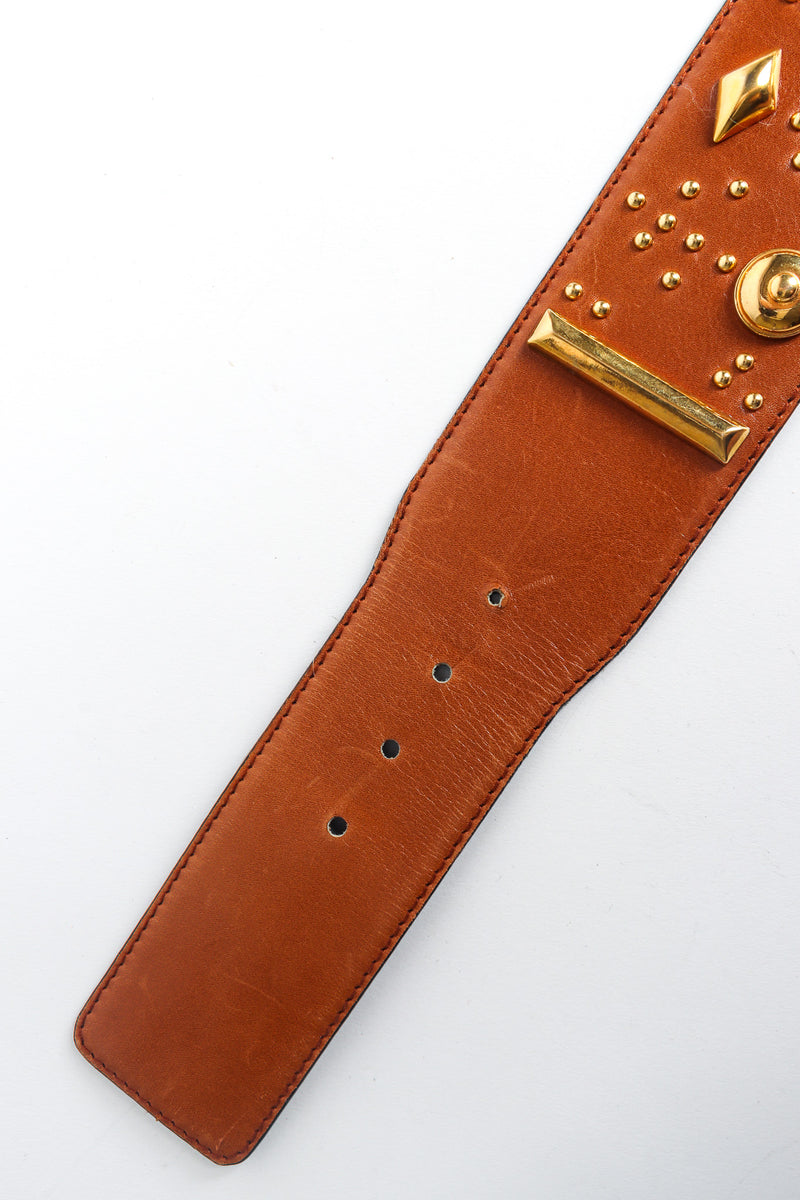 Wide caramel leather belt with mixed gold studs by Escada tail and prong holes @recessla