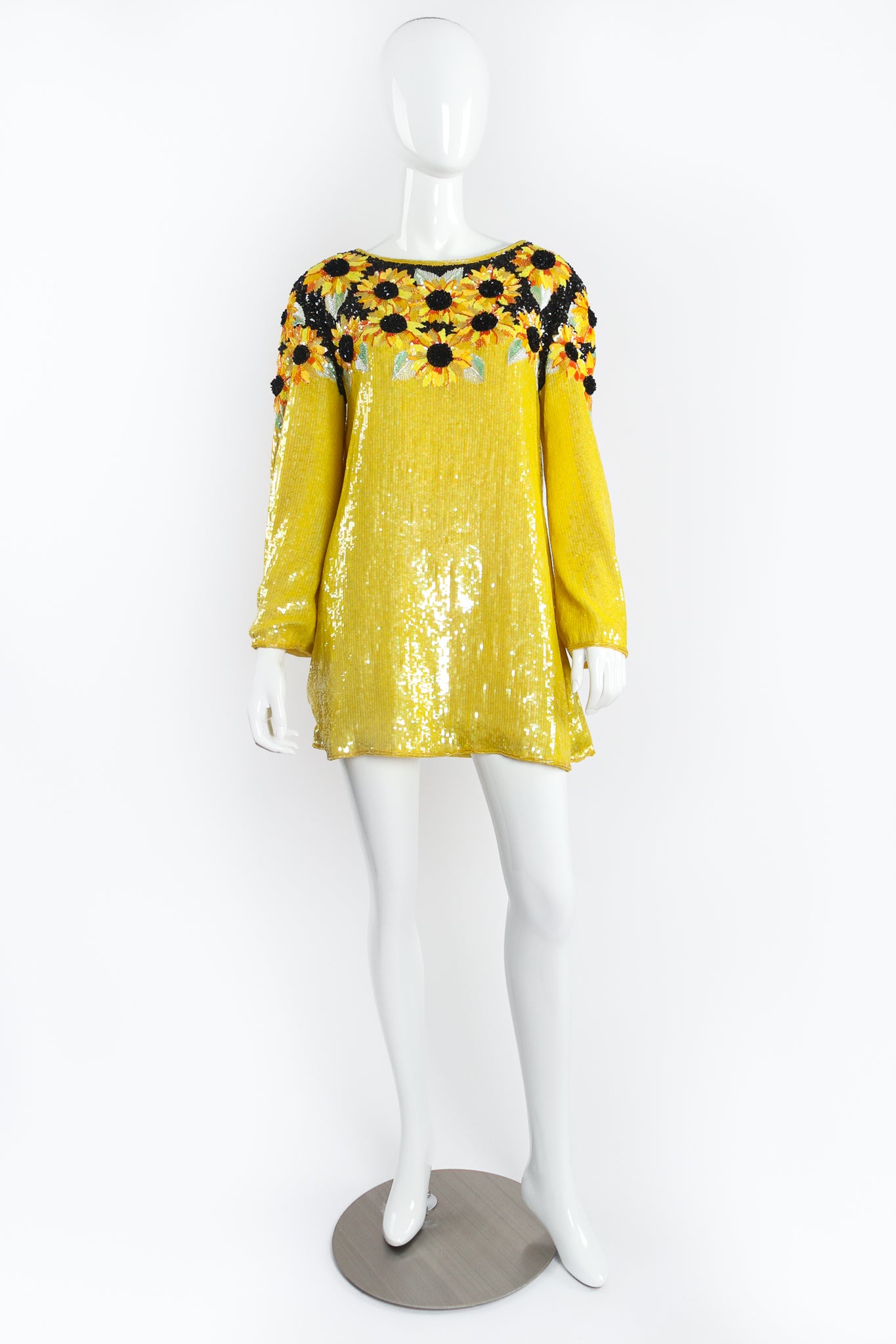 Vintage Escada Sunflower Sequined Beaded Dress on Mannequin Front at Recess LA