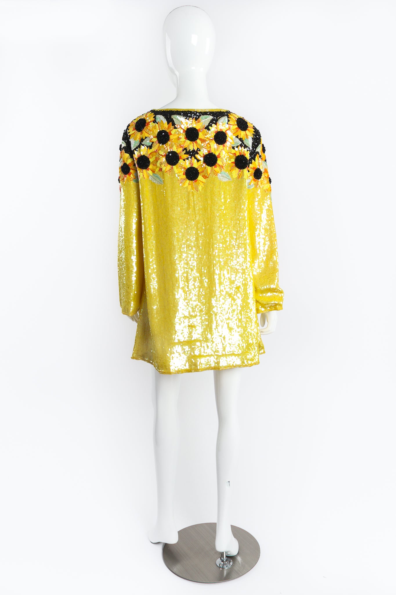 Vintage Escada Sunflower Sequined Beaded Dress on Mannequin Back at Recess LA