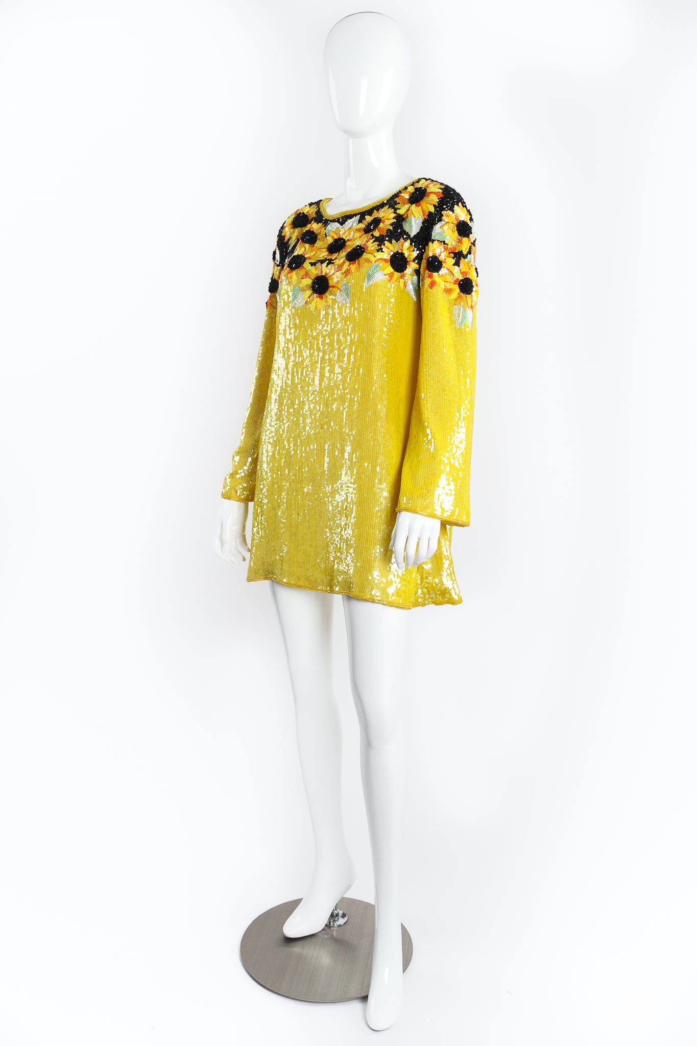 Vintage Escada Sunflower Sequined Beaded Dress on Mannequin Angle at Recess LA