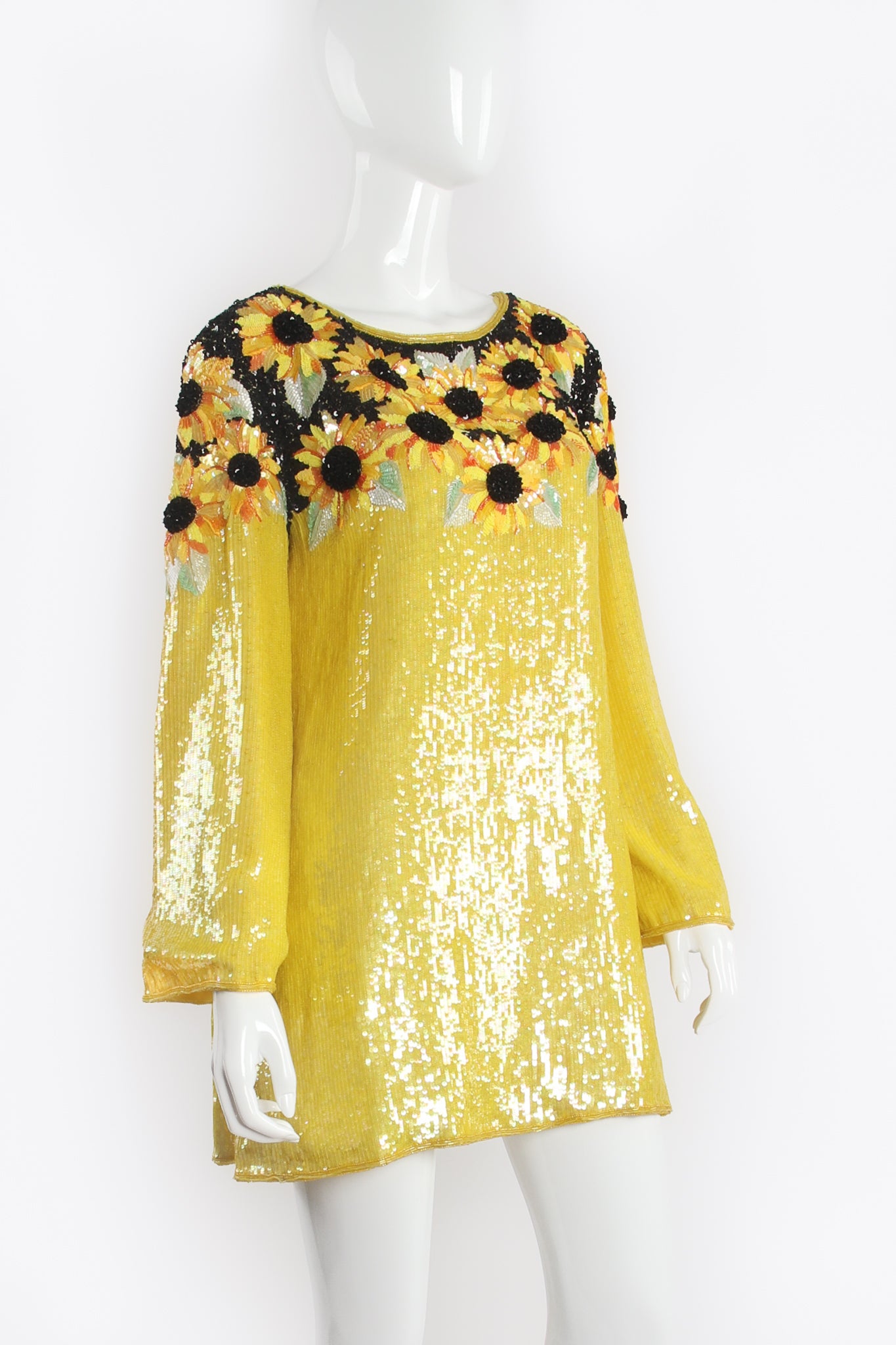 Vintage Escada Sunflower Sequined Beaded Dress on Mannequin Front at Recess LA