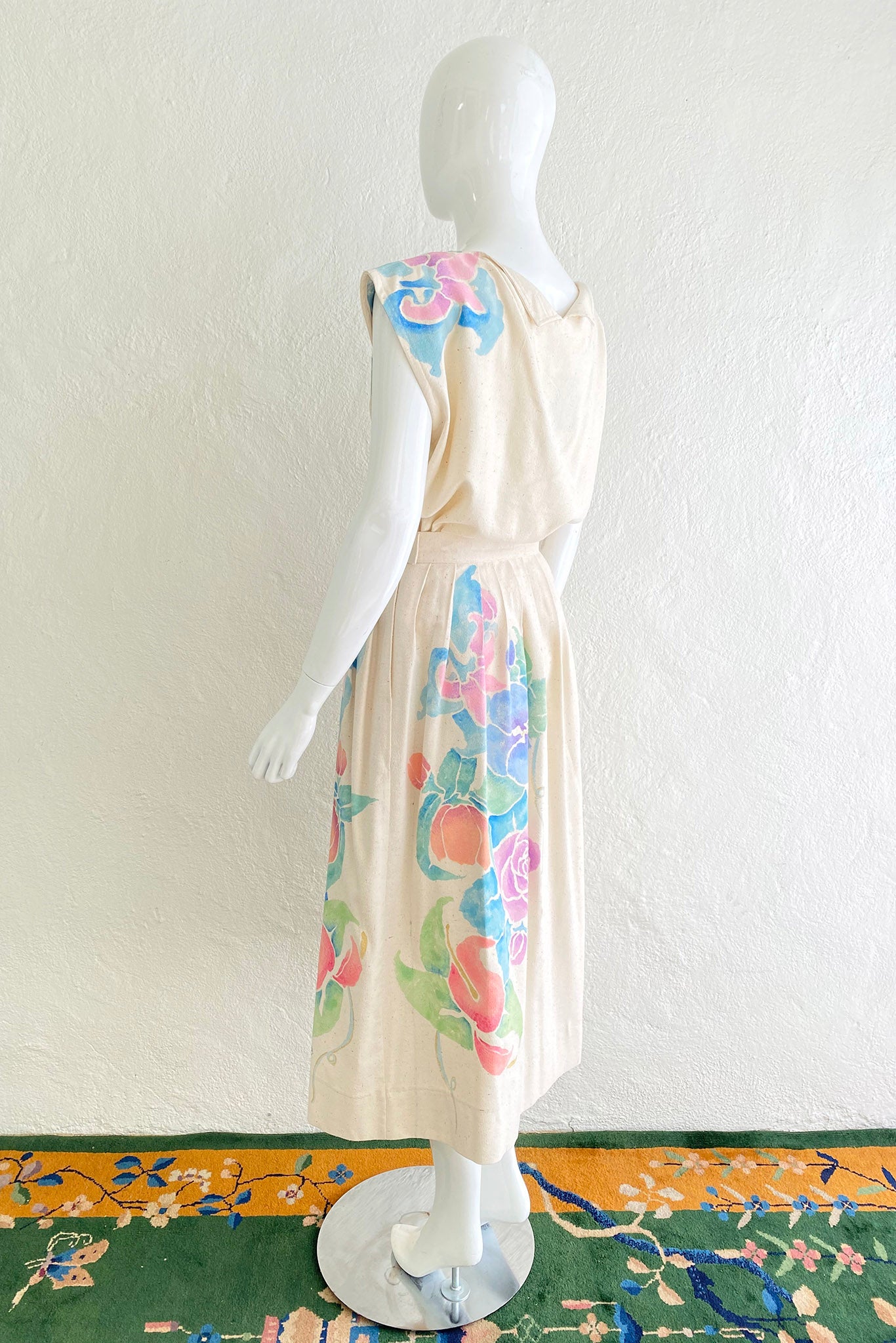 Vintage Estelle Floral Painted Raw Silk Top & Skirt Set on Mannequin angle at Recess Los Angeles