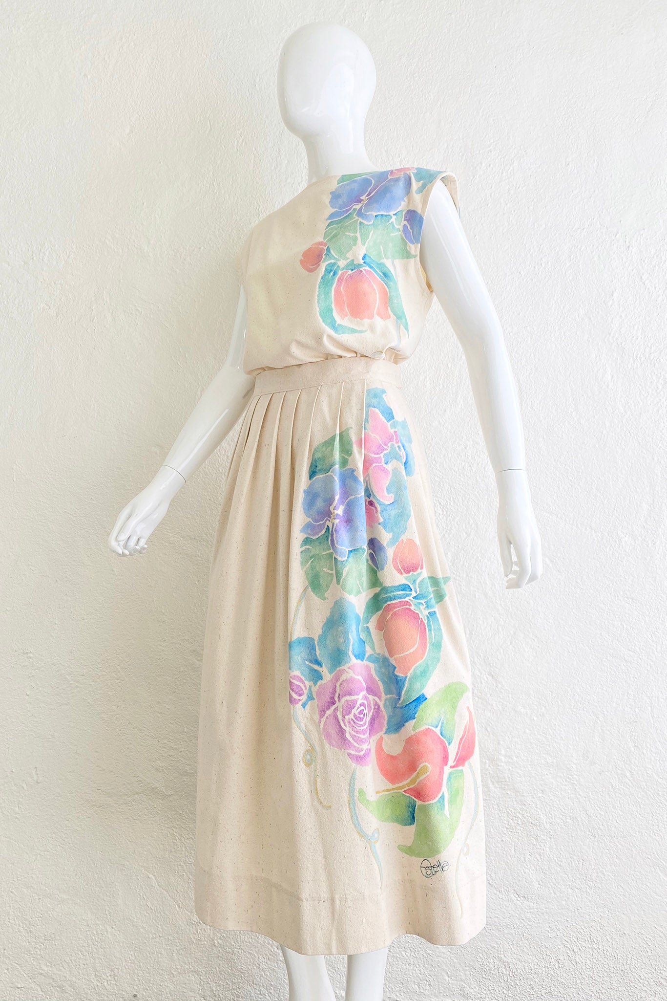 Vintage Estelle Floral Painted Silk Top & Skirt Set on Mannequin angle crop at Recess Los Angeles