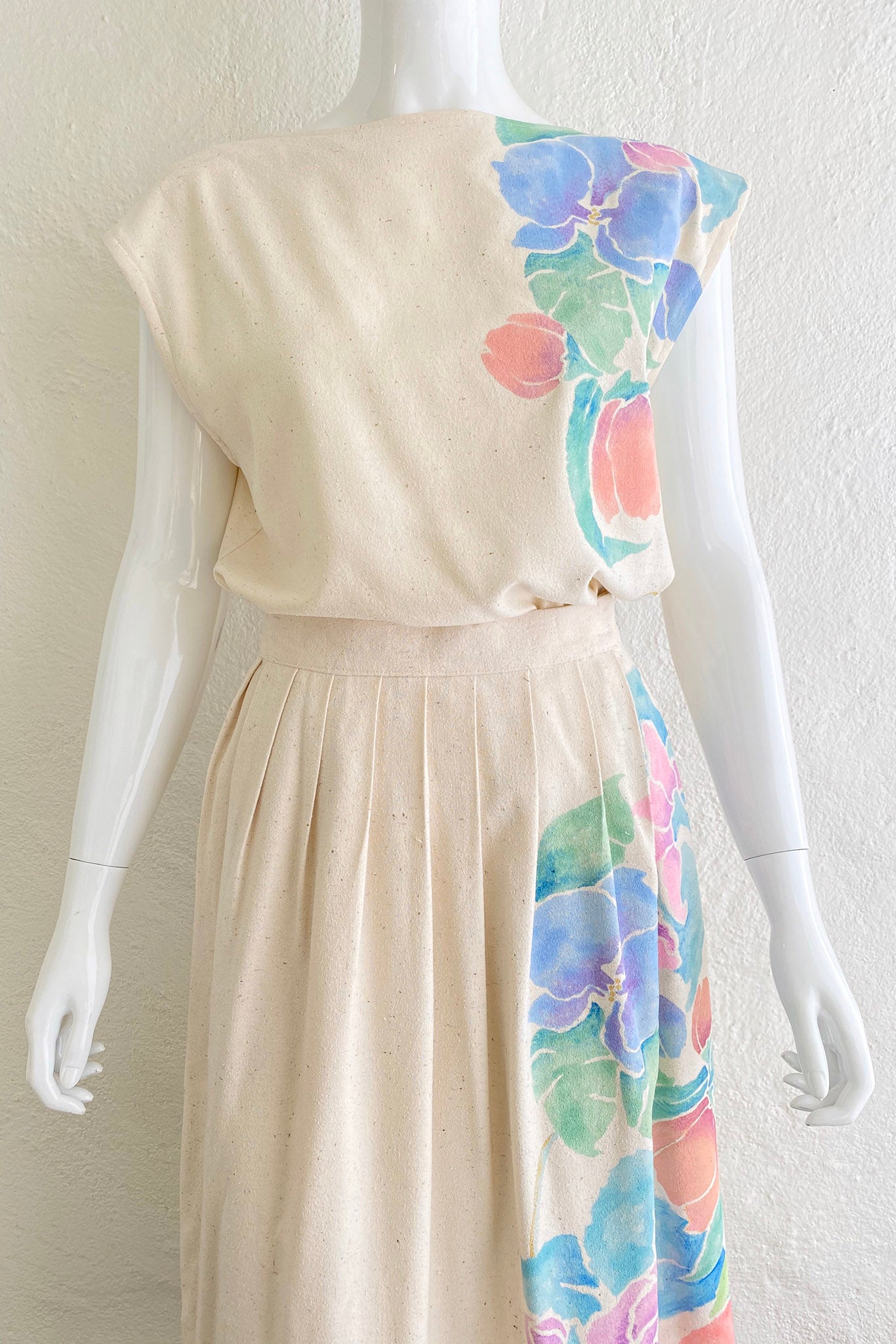 Vintage Estelle Floral Painted Silk Top & Skirt Set on Mannequin front crop at Recess Los Angeles