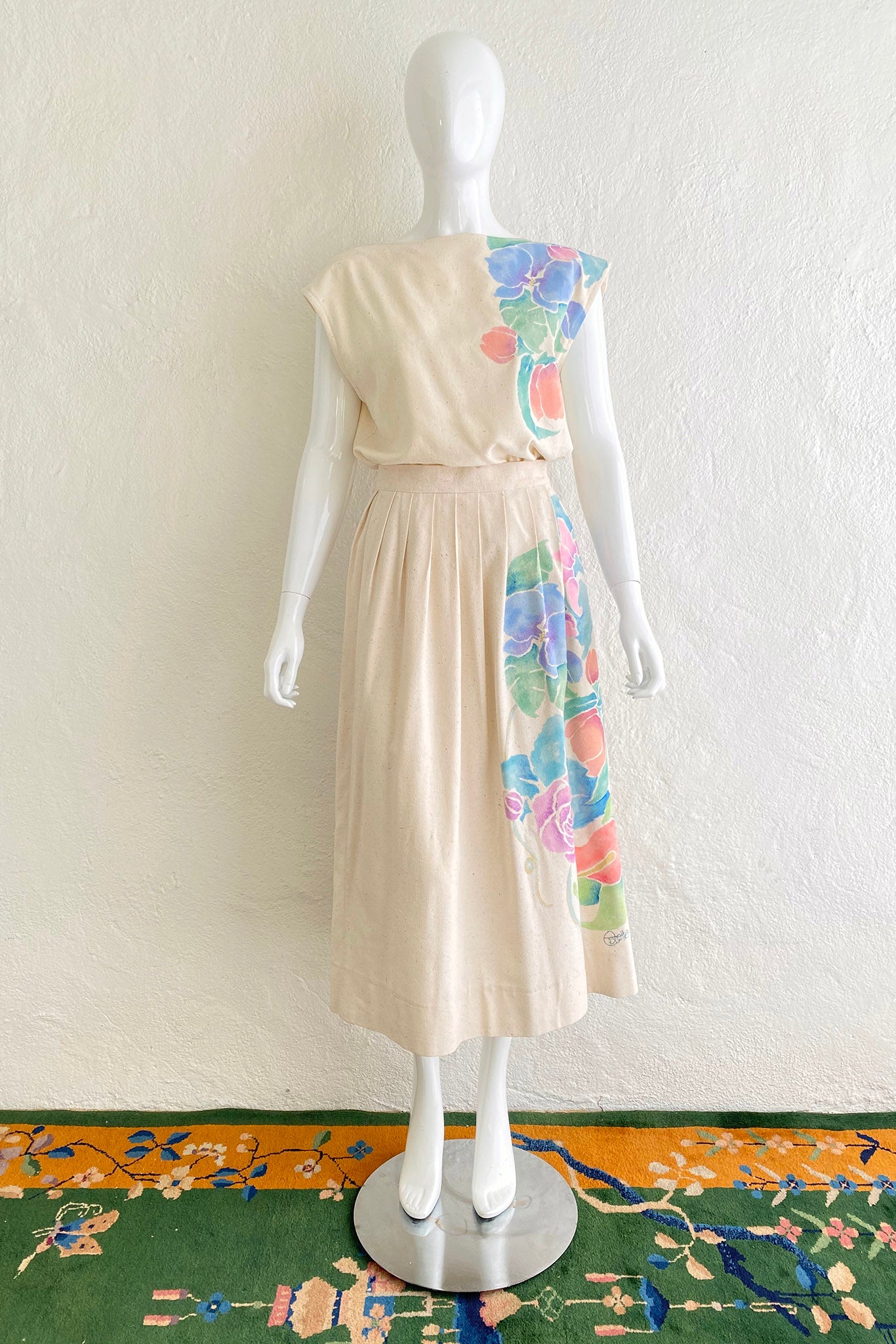 Vintage Estelle Floral Painted Silk Top & Skirt Set on Mannequin front at Recess Los Angeles