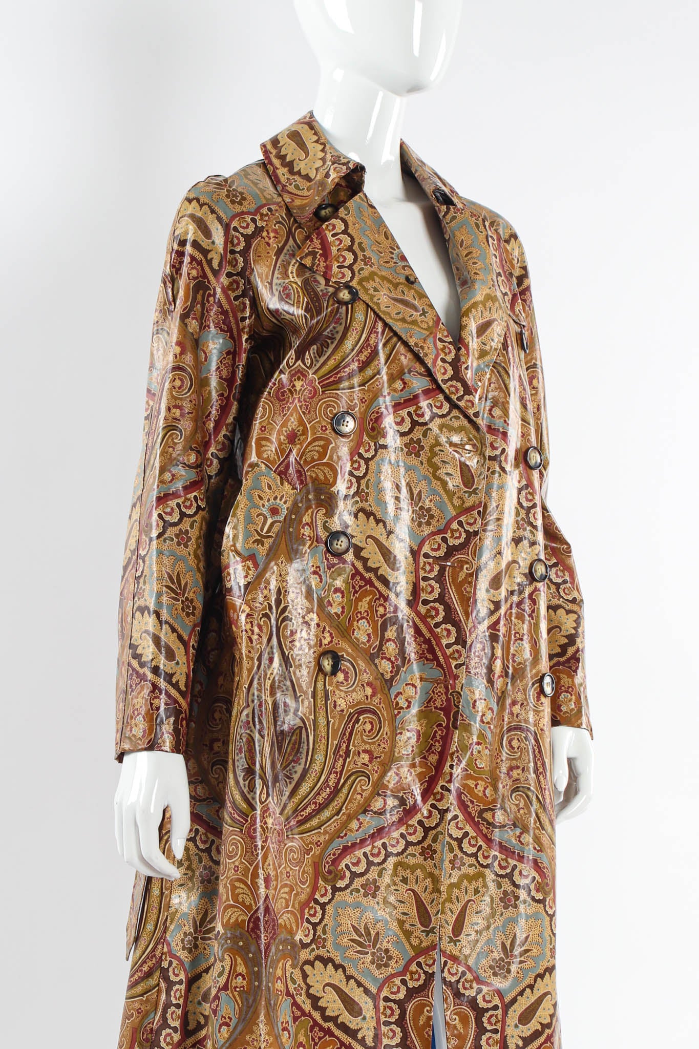 Vintage Etro Paisley Floral Trench Coat mannequin angle close @ Recess Los Angeles 
