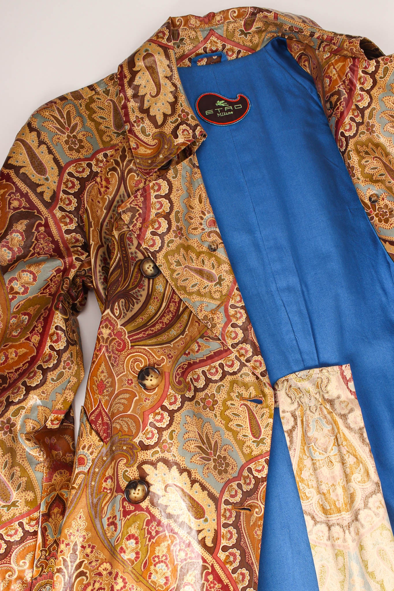 Vintage Etro Paisley Floral Trench Coat flat lay blue liner @ Recess Los Angeles 