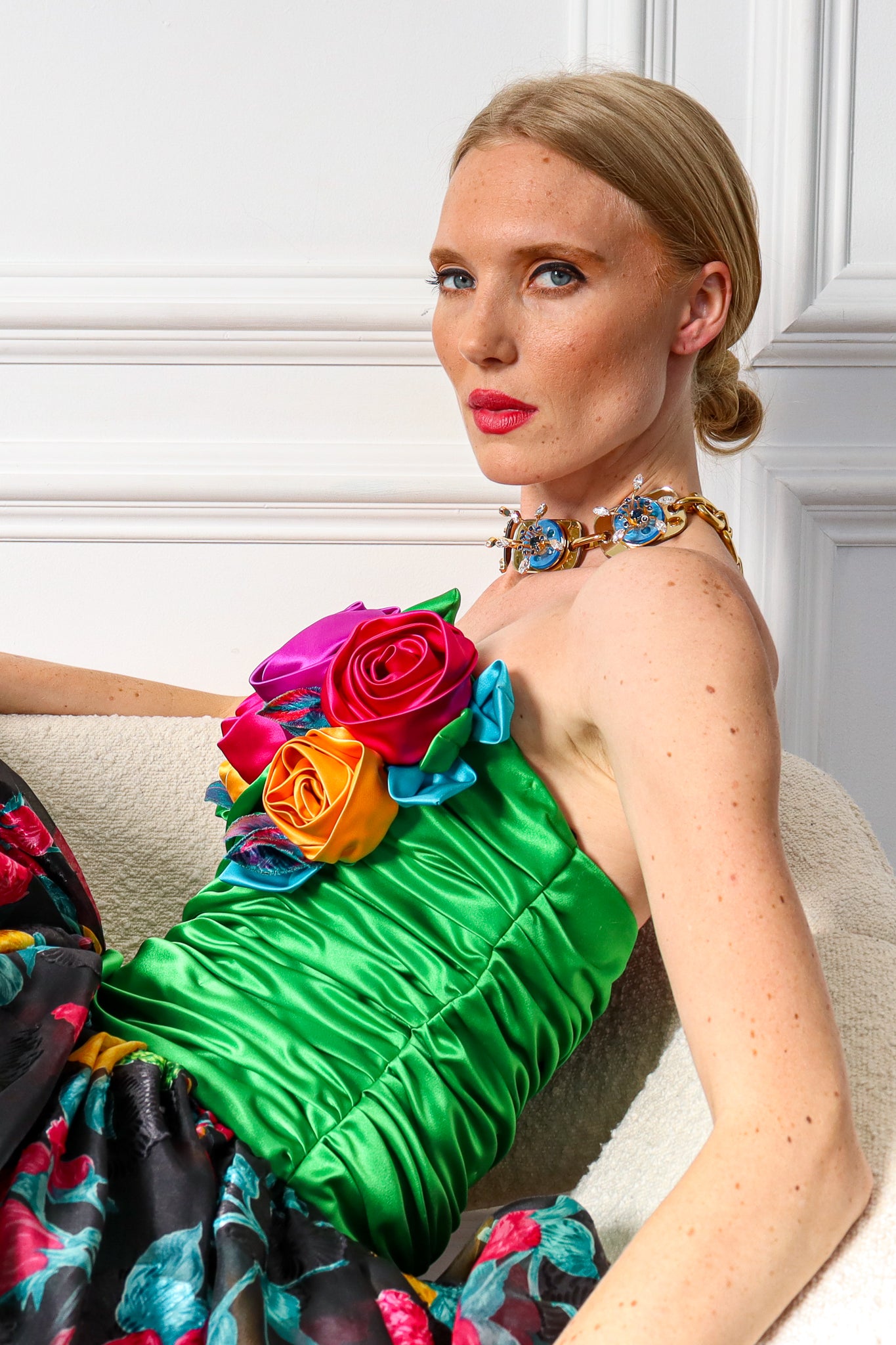 Model Miranda in Vintage Miu Miu Jeweled Floral Blossom Necklace @ Recess Los Angeles