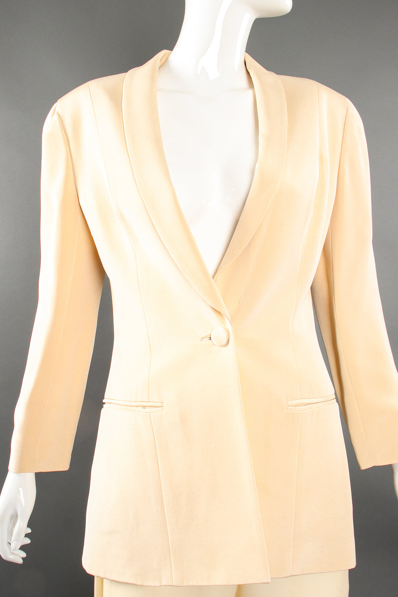 Vintage Eva Chun Silk Jacket & Chiffon Pant Suit Set on Mannequin front crop at Recess Los Angeles