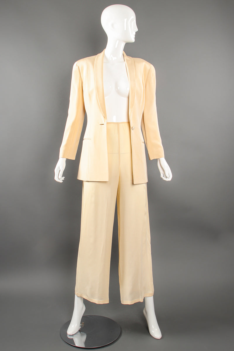 Vintage Eva Chun Silk Jacket & Chiffon Pant Suit Set on Mannequin open at Recess Los Angeles