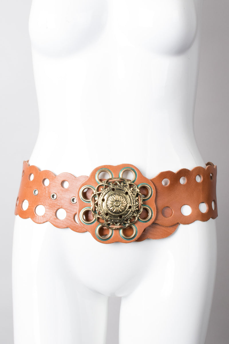 Vintage Grecian Leather Eyelet Medallion Belt