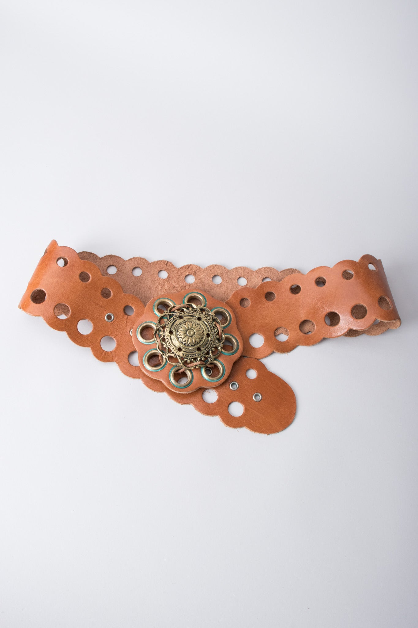 Vintage Grecian Leather Eyelet Medallion Belt