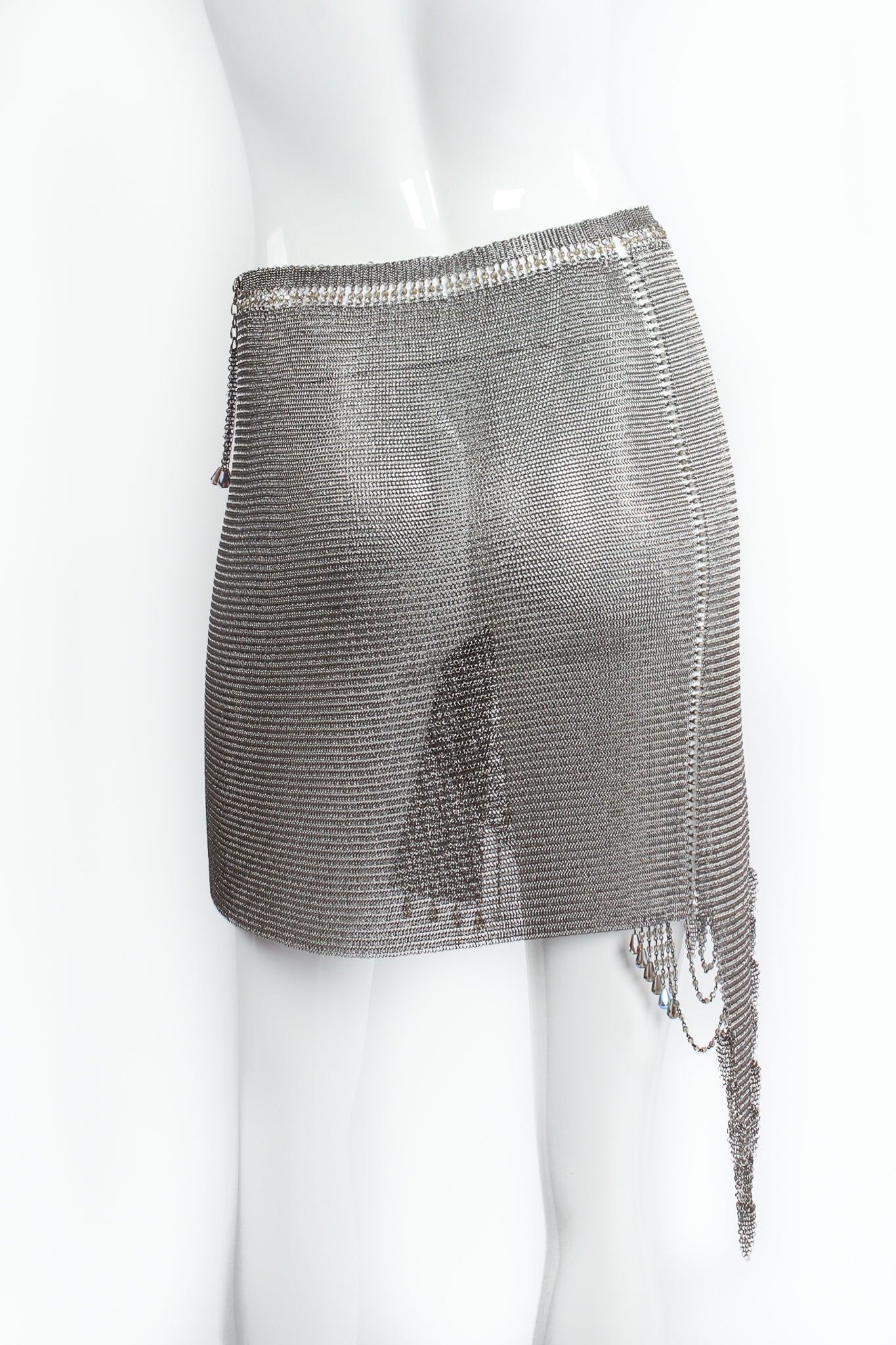 Vintage Anthony Ferrara Asymmetrical Pewter Ring Mesh Wrap Skirt on Mannequin back @ Recess