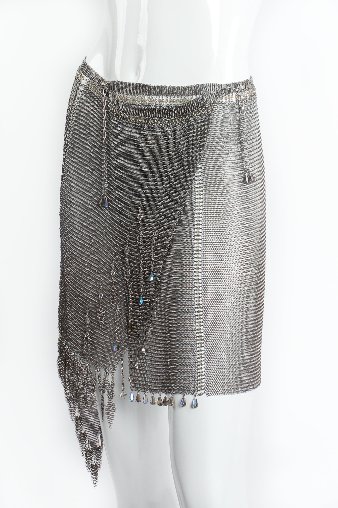 Vintage Anthony Ferrara Asymmetrical Pewter Ring Mesh Wrap Skirt on Mannequin angle crop @ Recess