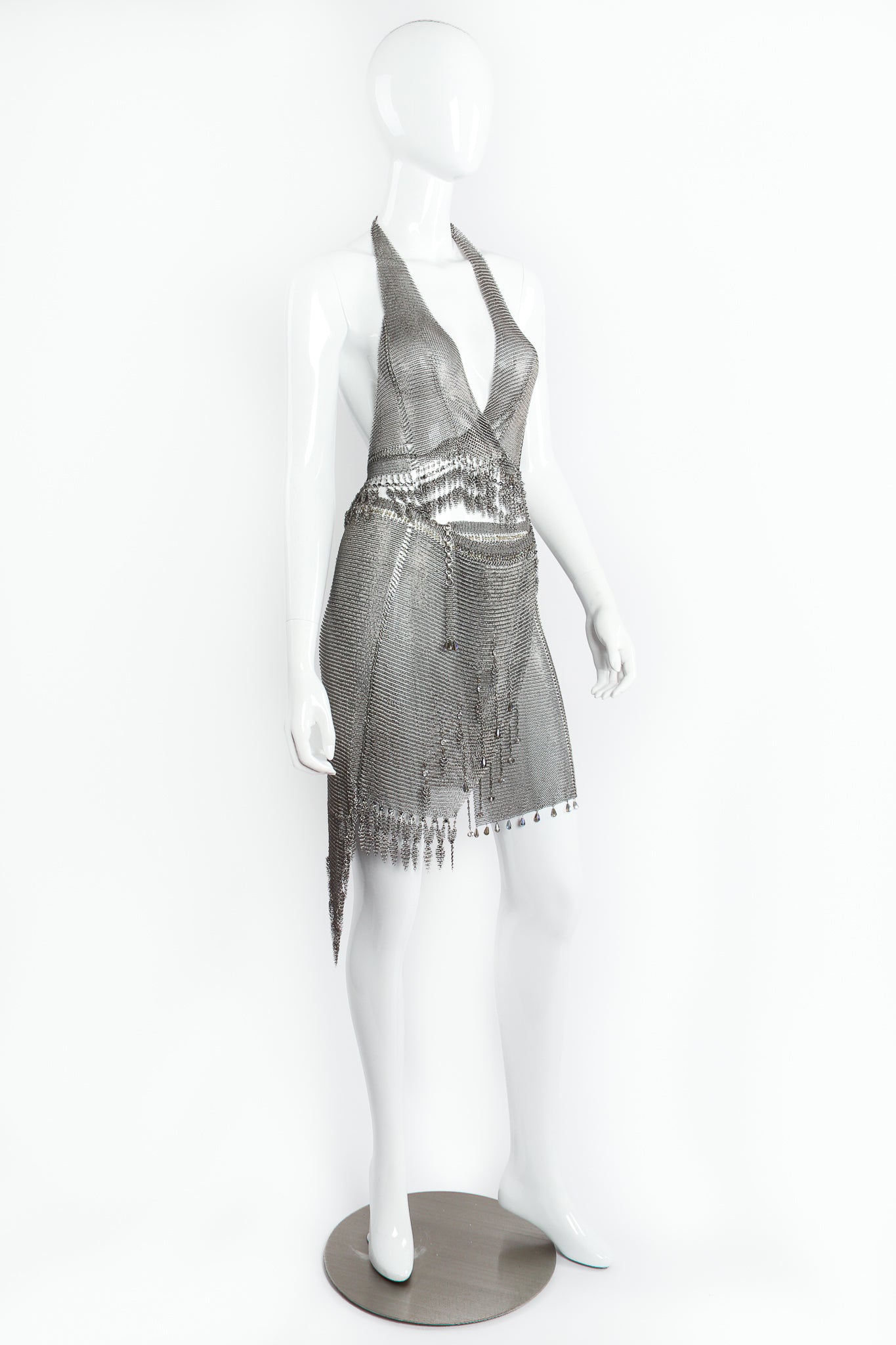 Vintage Anthony Ferrara Asymmetrical Pewter Ring Mesh Wrap Skirt outfit on Mannequin angle @ Recess