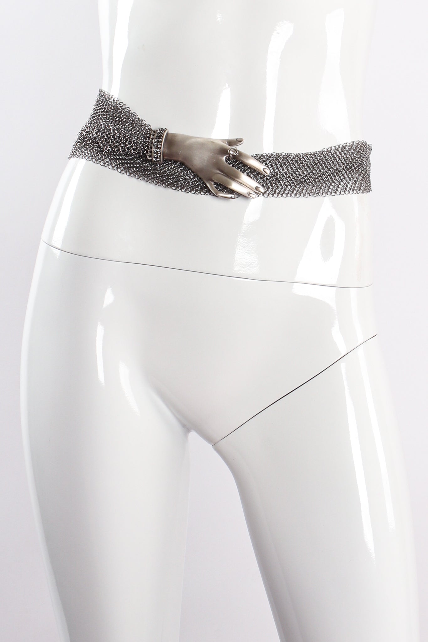 Vintage Anthony Ferrara Pewter Hand Buckle Mesh Wrap Belt on Mannequin at Recess Los Angeles