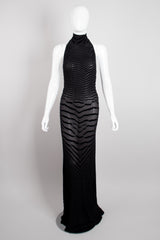 Fred Hayman Sheer Burnout Velvet Jersey Tiger Backless Halter Gown