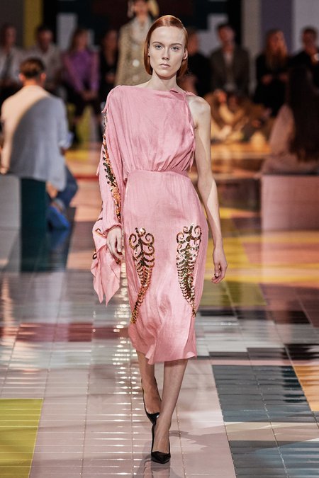 Prada sequin midi dress on model during Spring 2020 Runway  @recessla