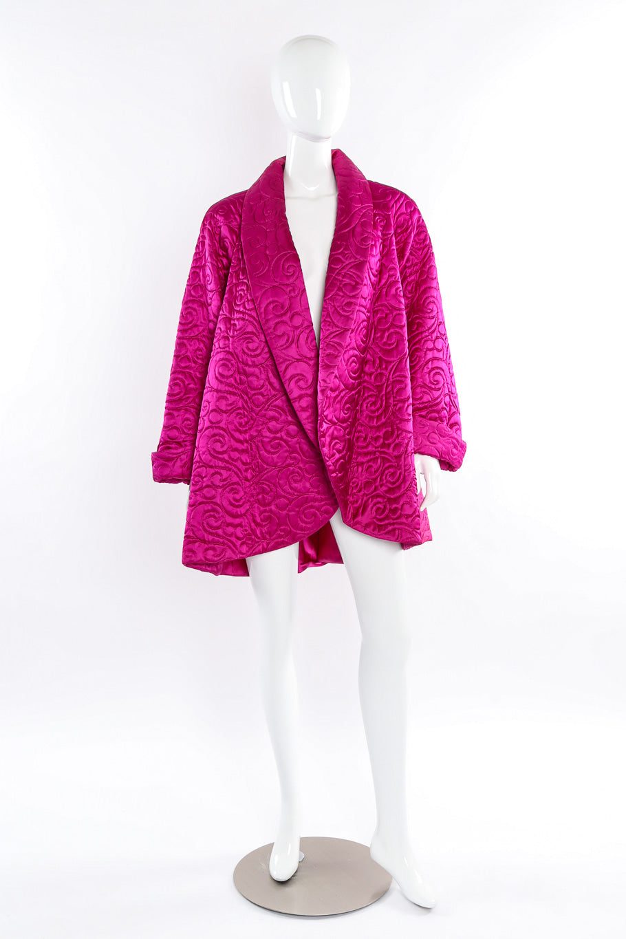 Plush oversized swirl quilted swing coat by Farinae Collection mannequin front full view @recessla