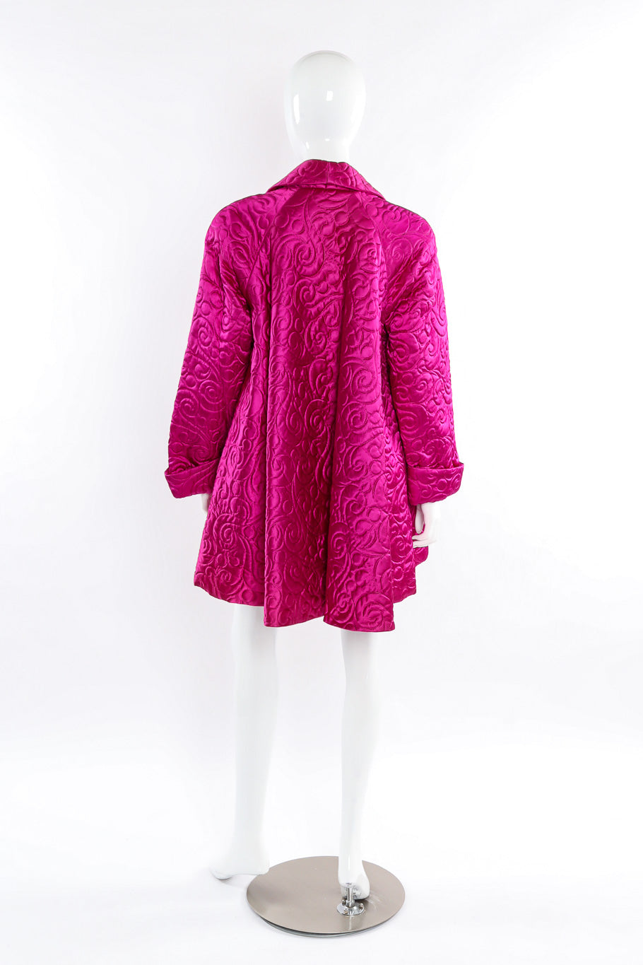 Plush oversized swirl quilted swing coat by Farinae Collection mannequin back view @recessla
