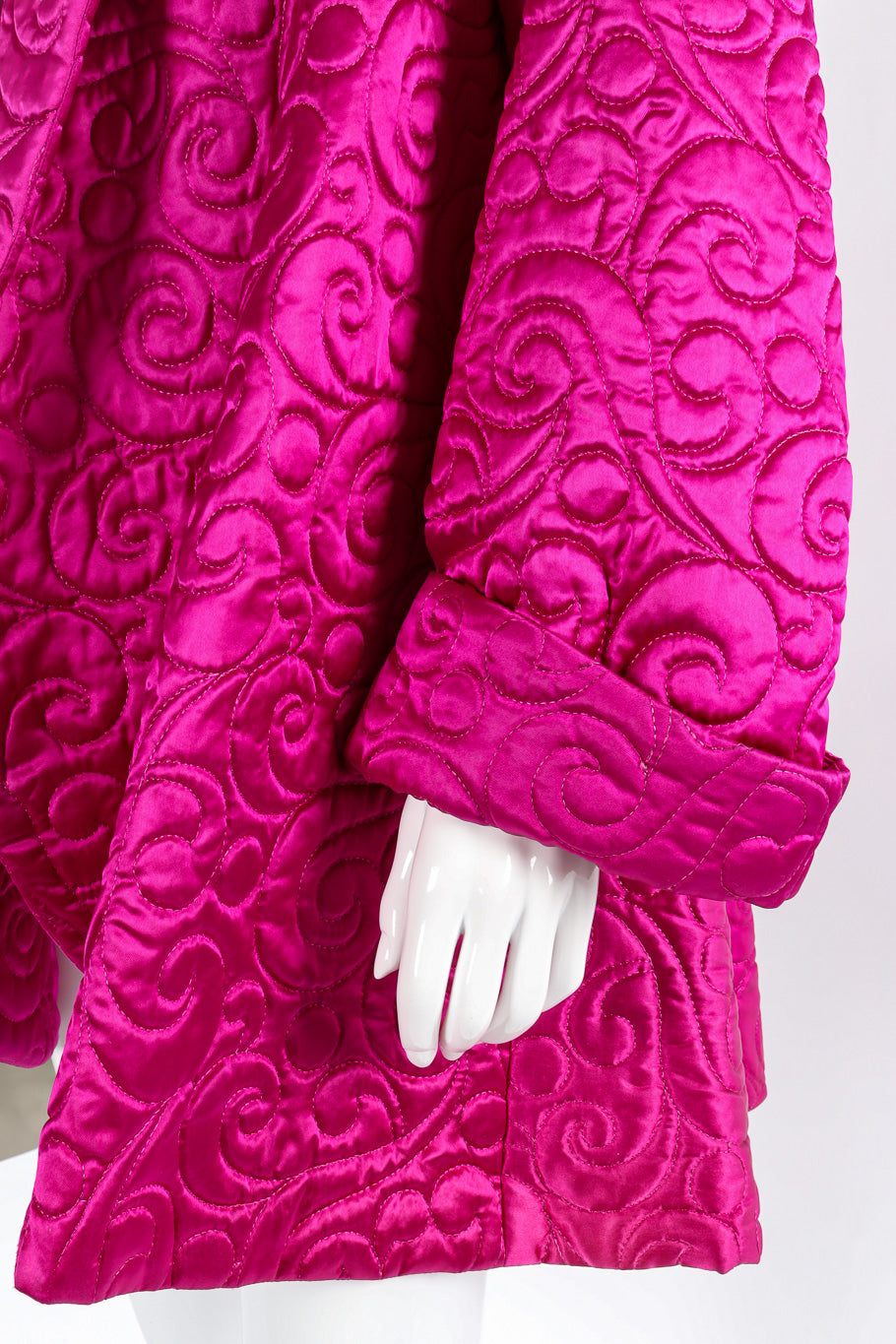 Plush oversized swirl quilted swing coat by Farinae Collection cuff on mannequin close @recessla