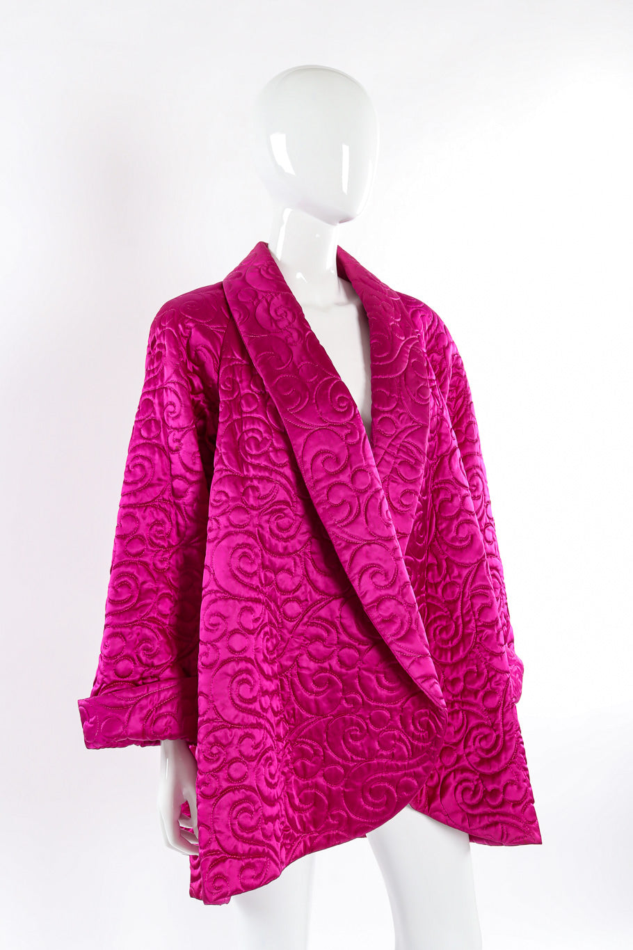 Plush oversized swirl quilted swing coat by Farinae Collection mannequin 3/4 view @recessla