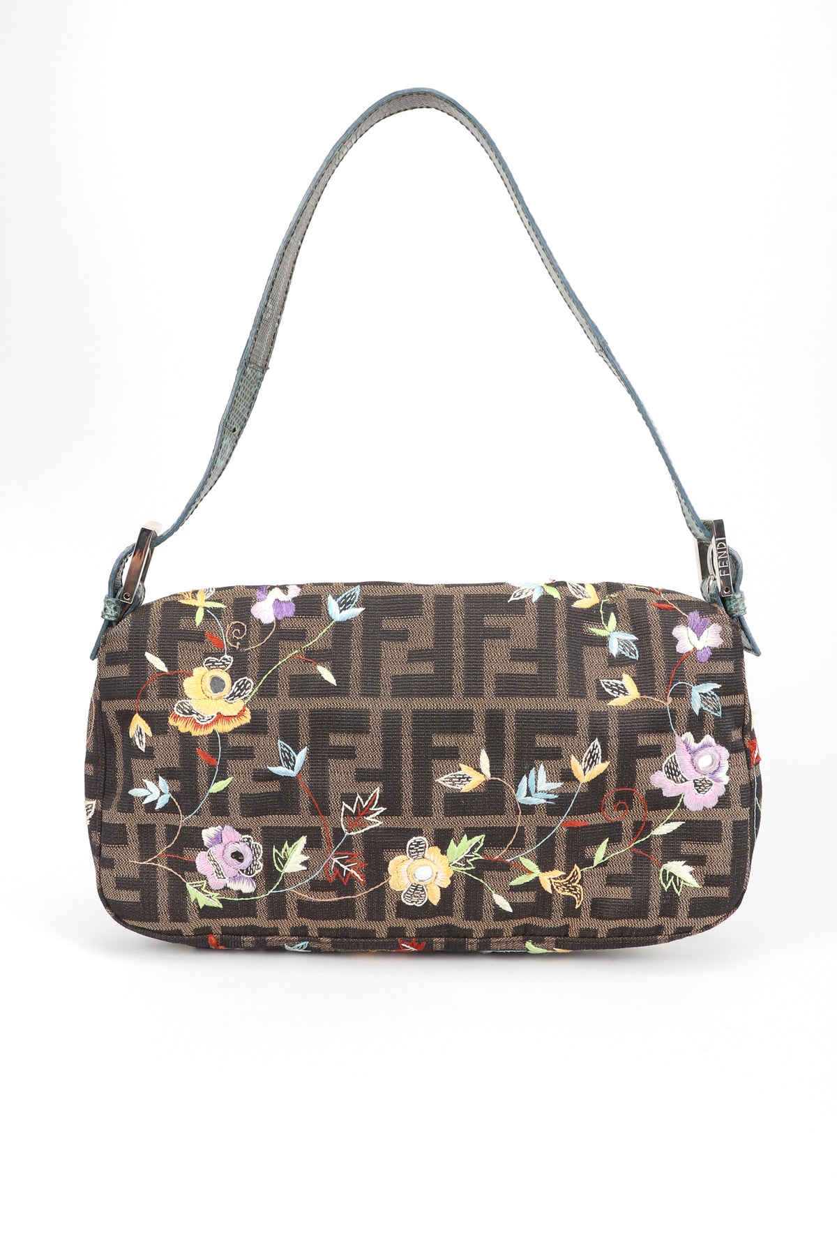 Vintage Fendi Zucca Zucchino Floral Embroidered Canvas Monogram Baguette Shoulder Bag Recess