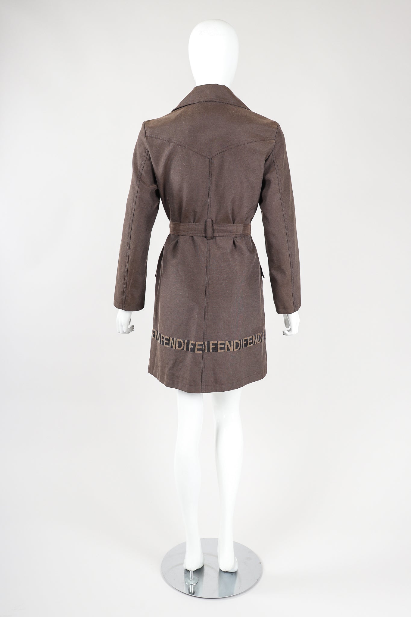 Recess Vintage Fendi Brown Canvas Trench Coat on Mannequin, back view