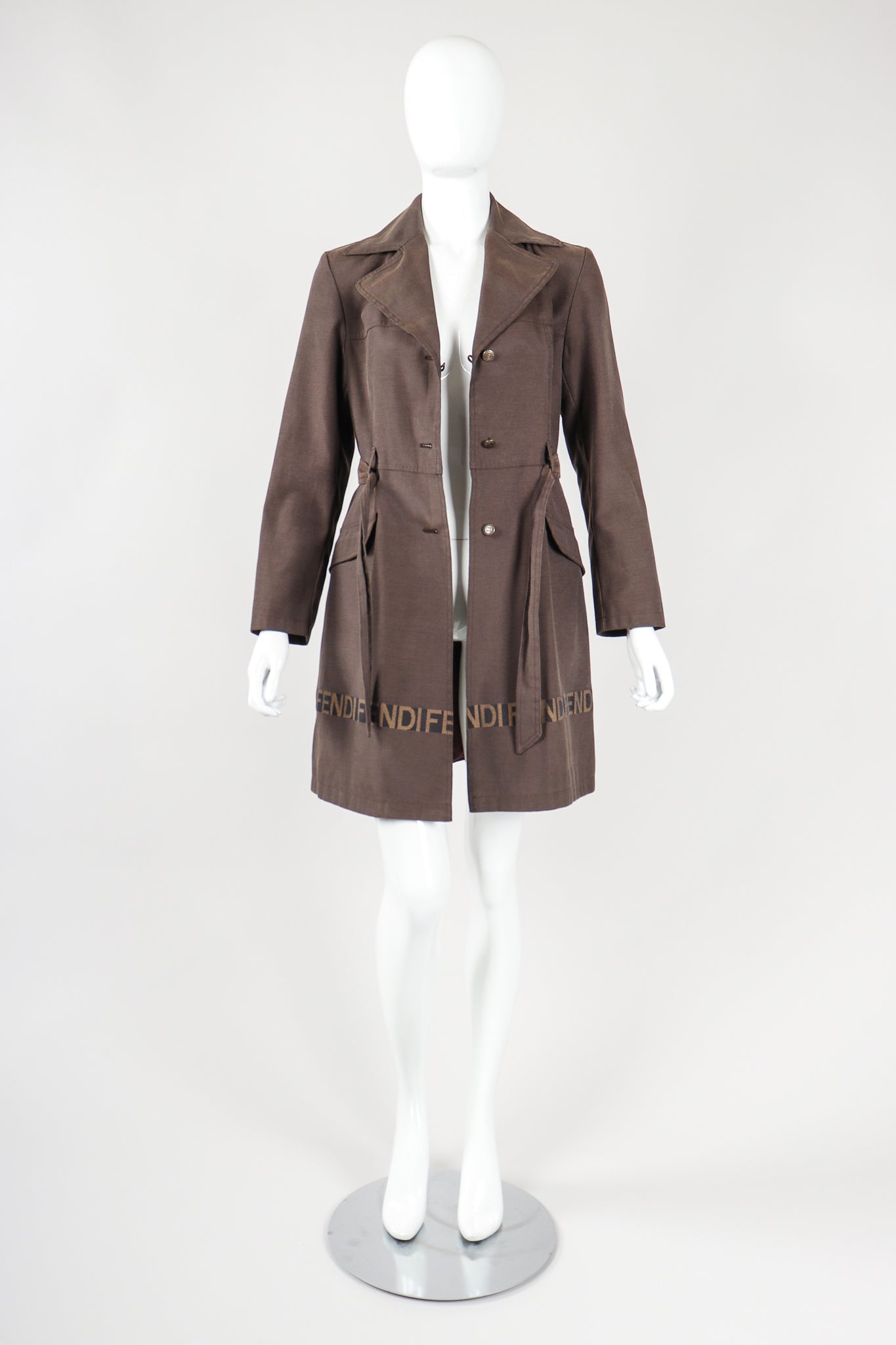 Recess Vintage Fendi Brown Canvas Trench Coat on Mannequin, open