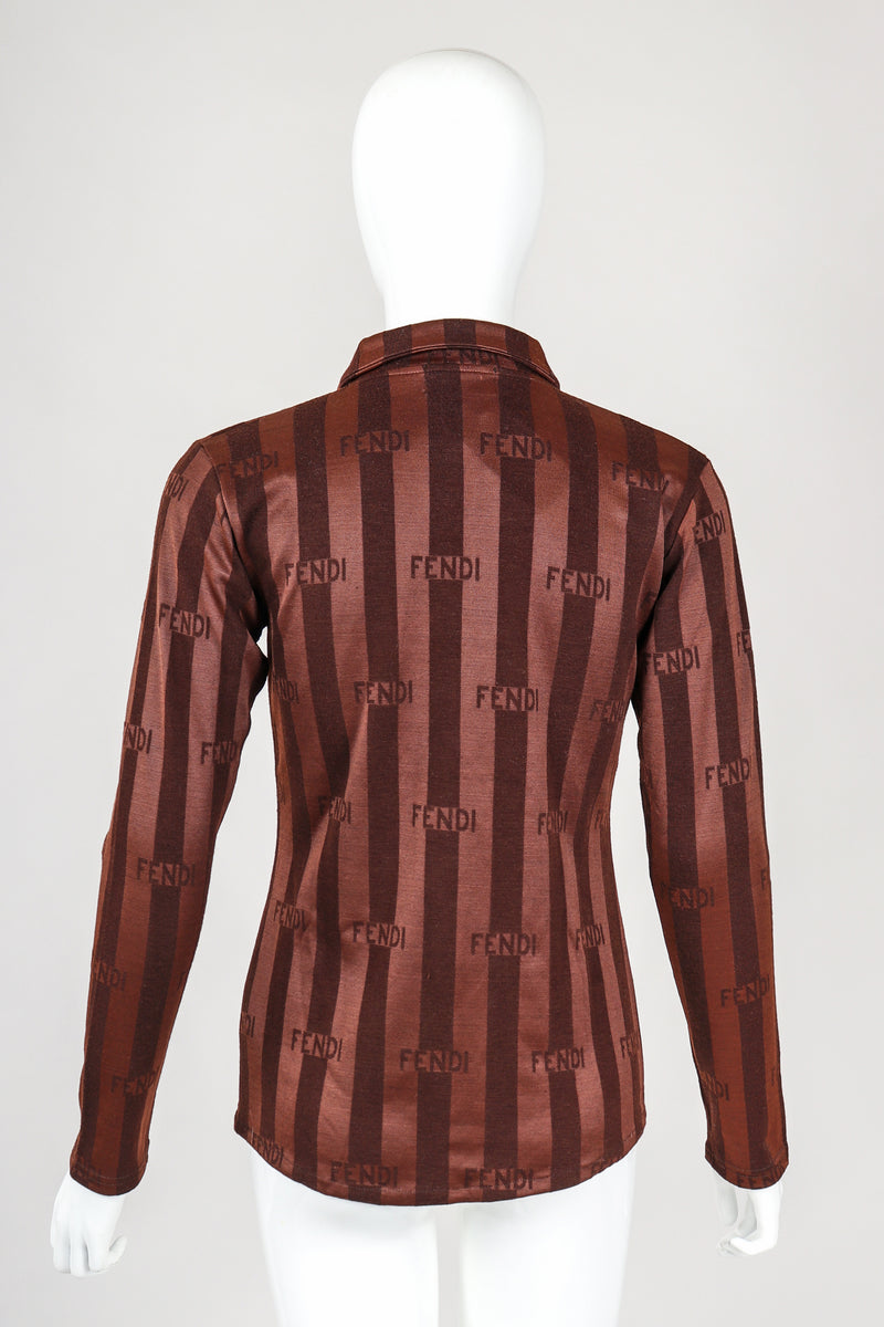 Recess Vintage Fendi Brown Shiny Striped Knit Collared Shirt on Mannequin, back view
