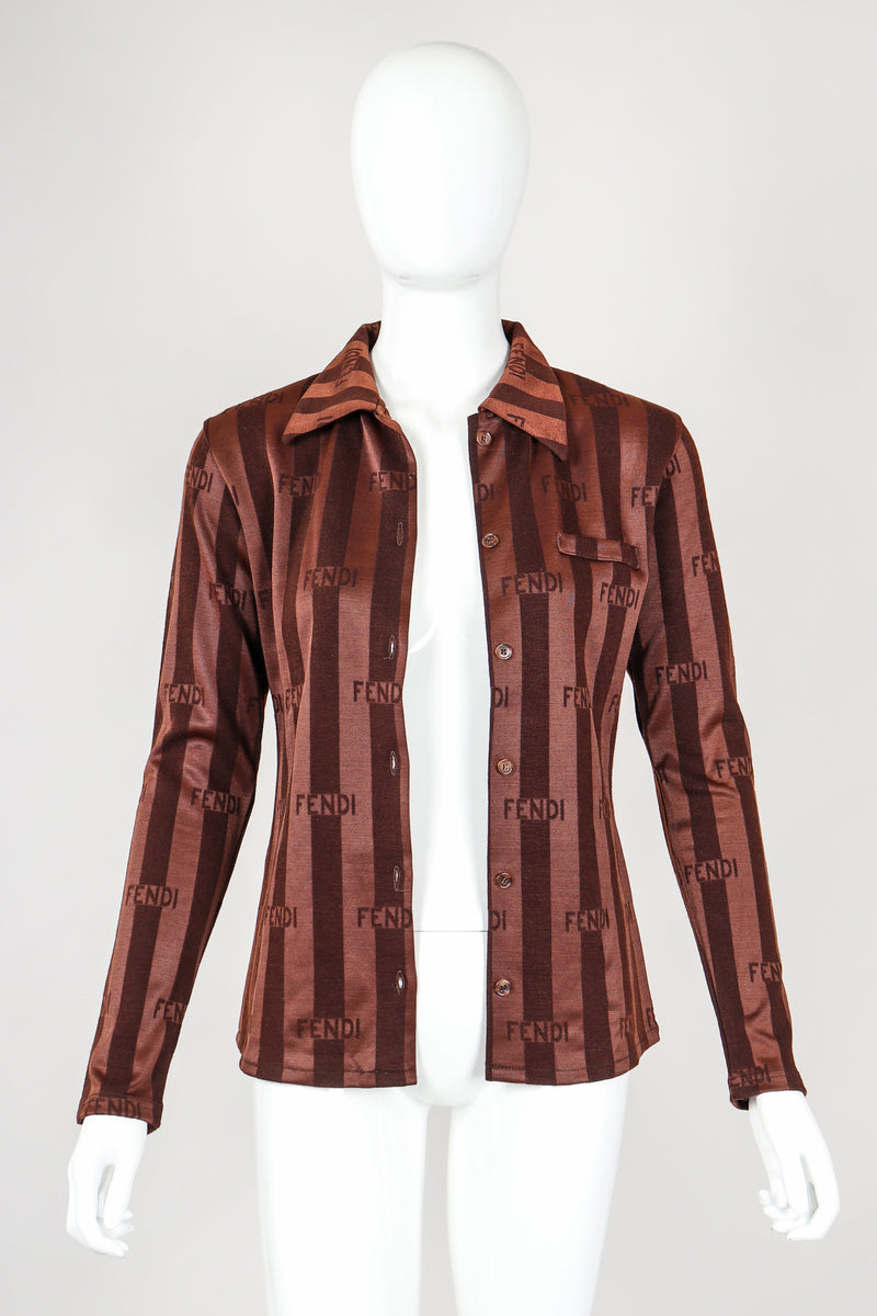 Recess Vintage Fendi Brown Shiny Striped Knit Collared Shirt on Mannequin, buttoned