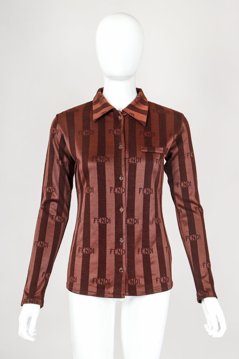 Recess Vintage Fendi Brown Shiny Striped Knit Collared Shirt on Mannequin, front