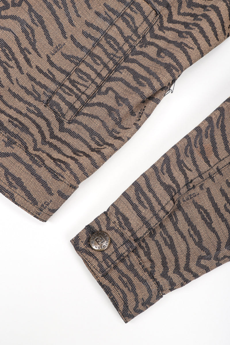 Recess Vintage Fendi Brown Tiger Twill Jean Jacket on white background, sleeve detail