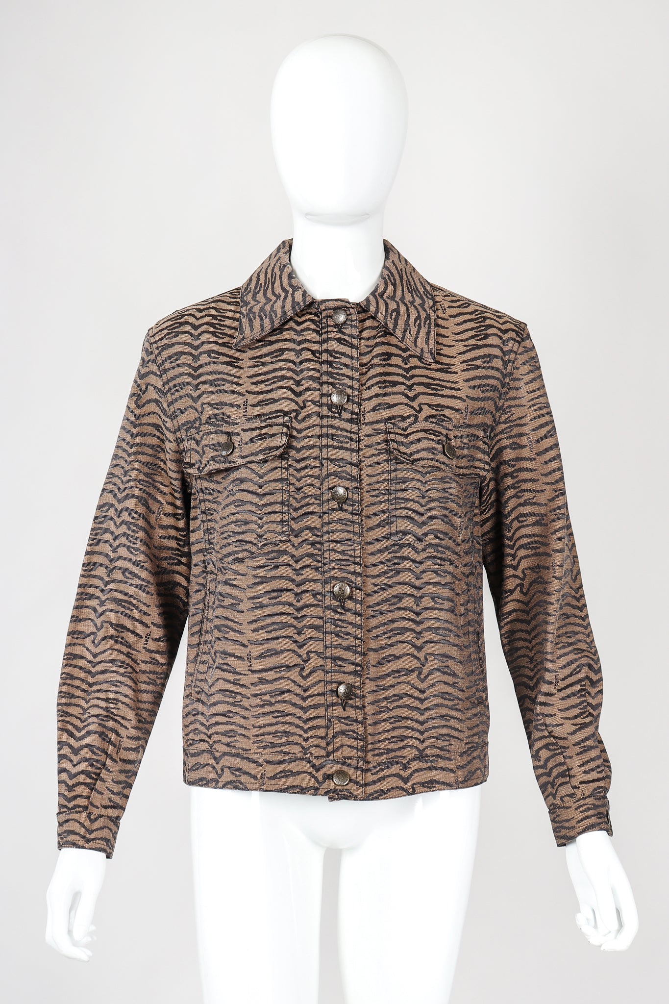 Recess Vintage Fendi Brown Tiger Twill Jean Jacket, buttoned on Mannequin