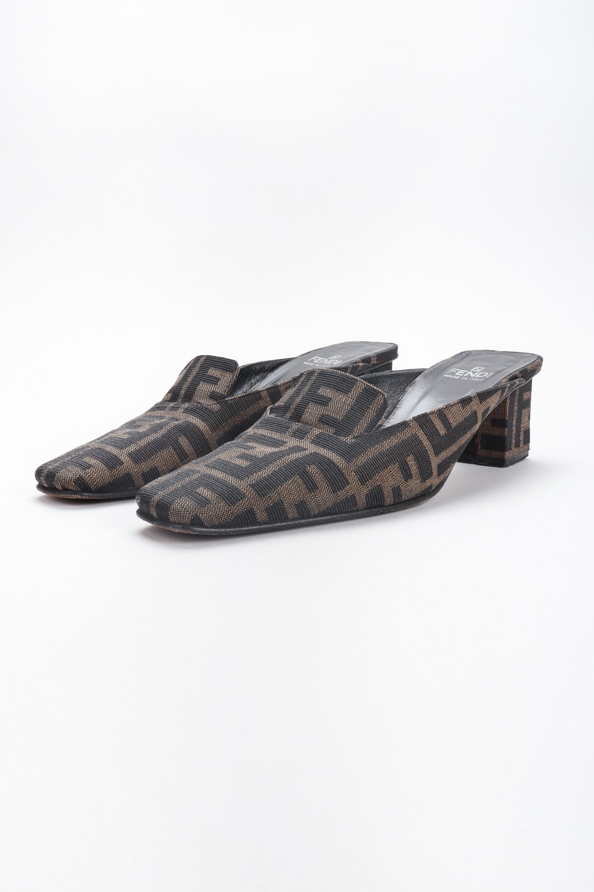 Vintage Fendi Double F Karl Lagerfeld Zucca Monogram Block Heel Mules Recess