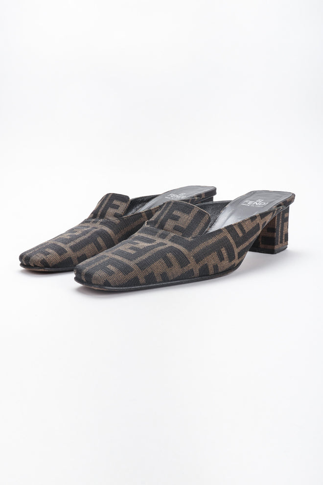 Recess Los Angeles Vintage Fendi Double F Karl Lagerfeld Zucca Monogram Block Heel Mules