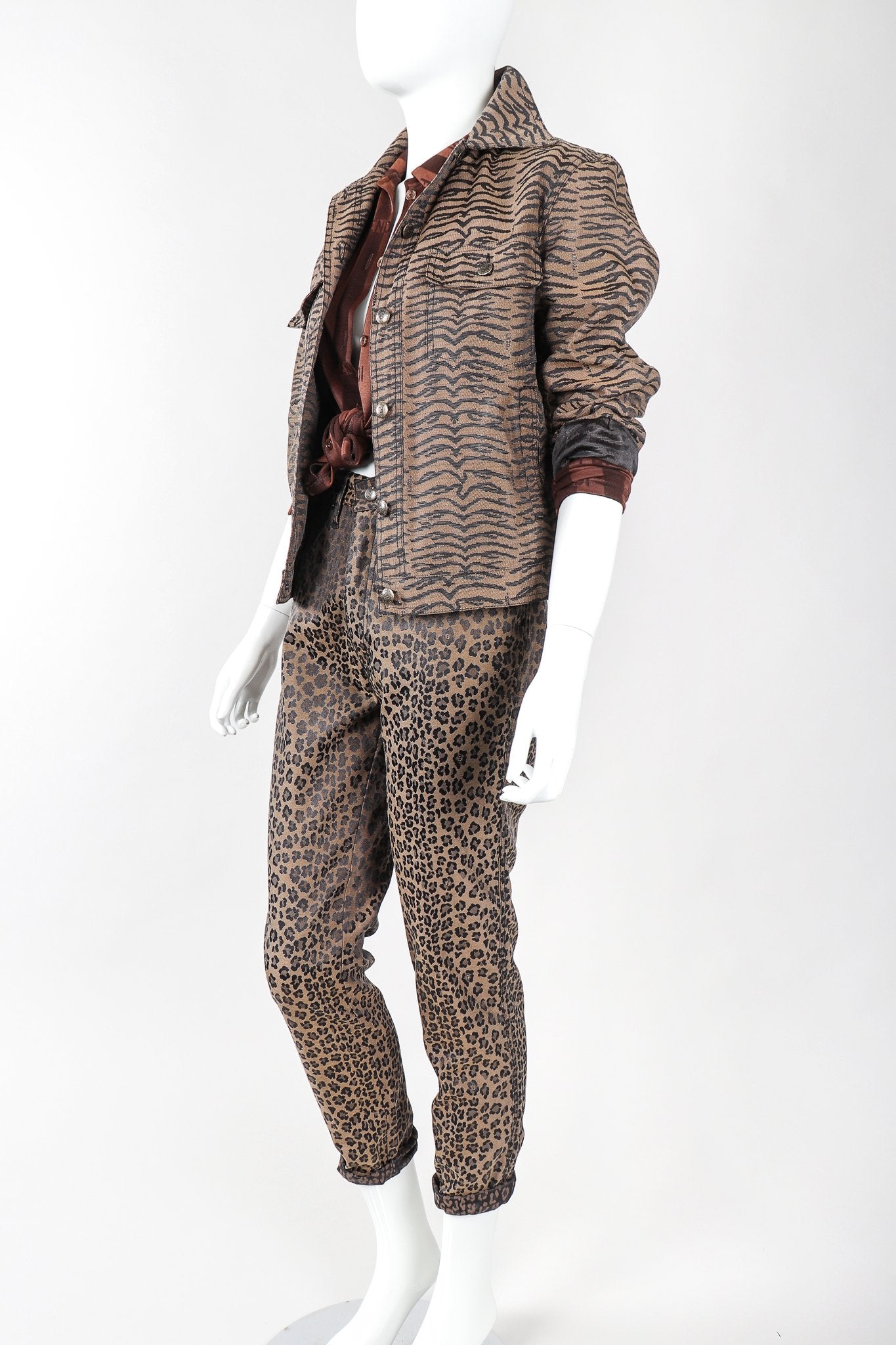 Recess Vintage Fendi Outfit with Tiger Jean Jacket, Leopard Jeans, & Stripe Blouse on mannequin