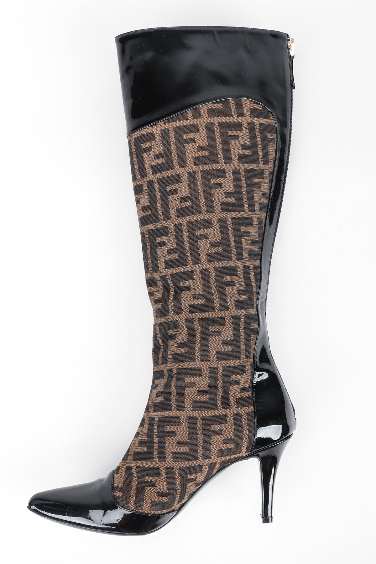 Vintage Fendi Zucca Double F Monogram Patent Leather Trim Boots Pointed Toe Recess